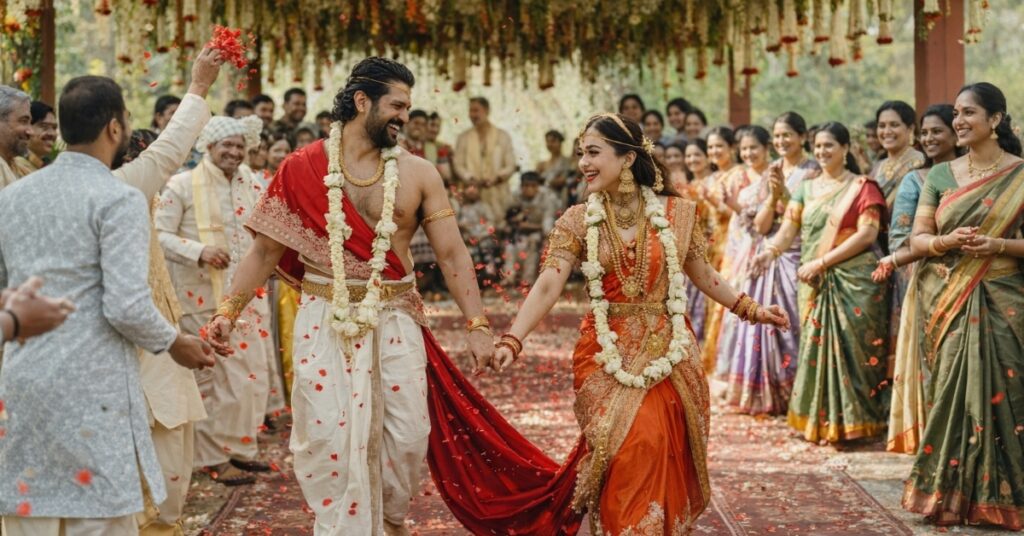 Indian wedding couple walking ceremony celebration with family