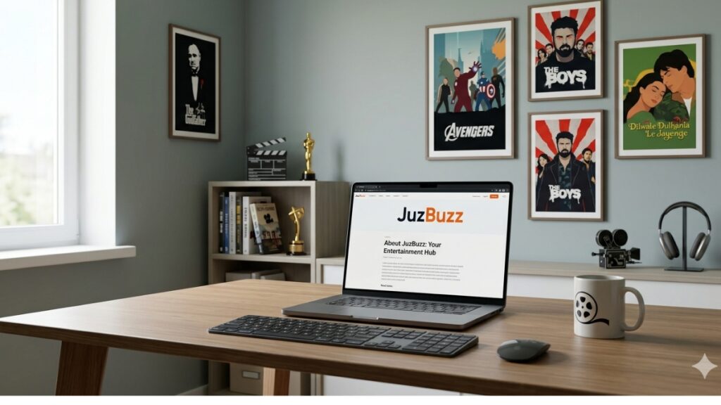 About us Professional movie blogger workspace featuring a laptop with JuzBuzz website and entertainment posters.