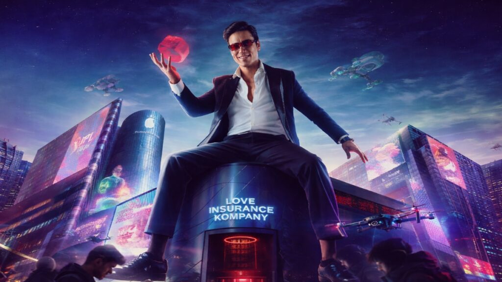 Love Insurance Kompany Review 2026 futuristic street scene with Pradeep Ranganathan
