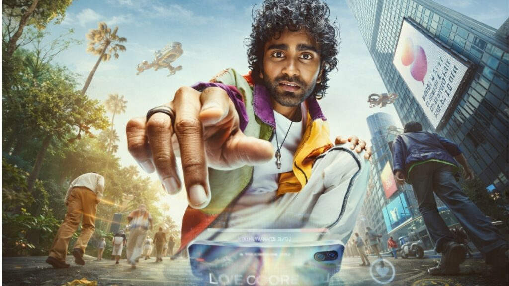 Love Insurance Kompany Review 2026 face-off scene between lead characters in futuristic city