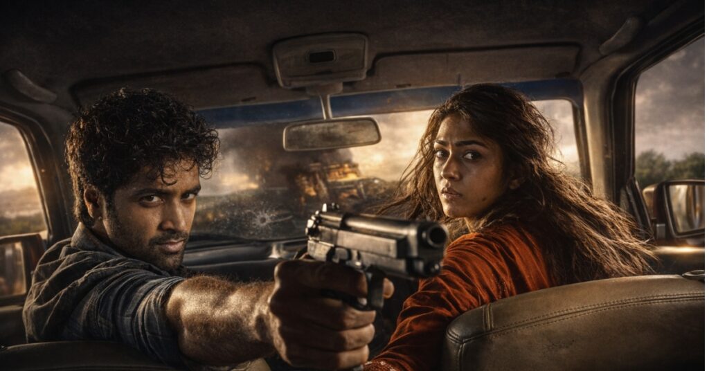 Dacoit movie action scene with Adivi Sesh and Mrunal Thakur holding gun inside car