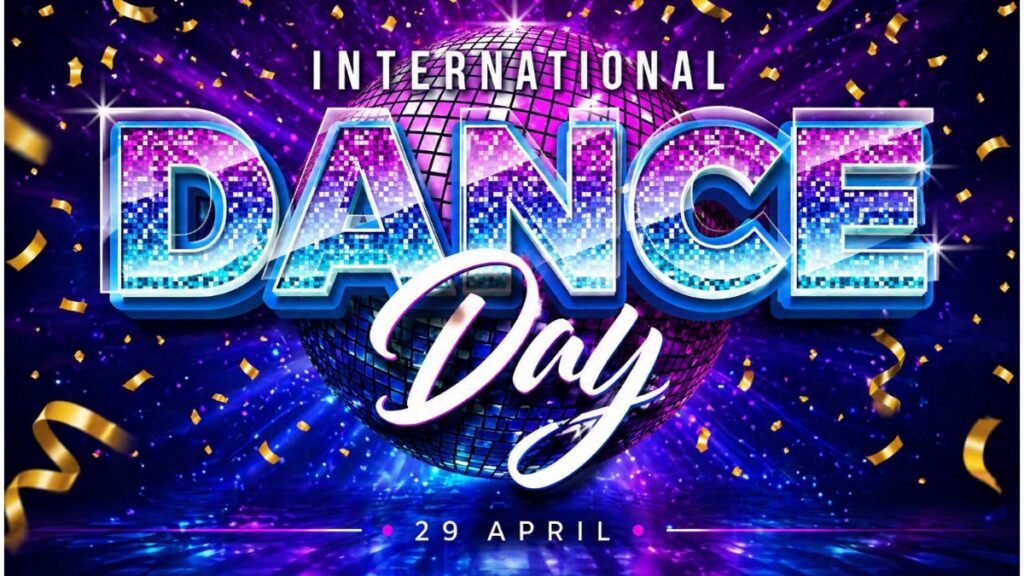 International Dance Day 2026 poster with disco ball and golden confetti on dark blue background