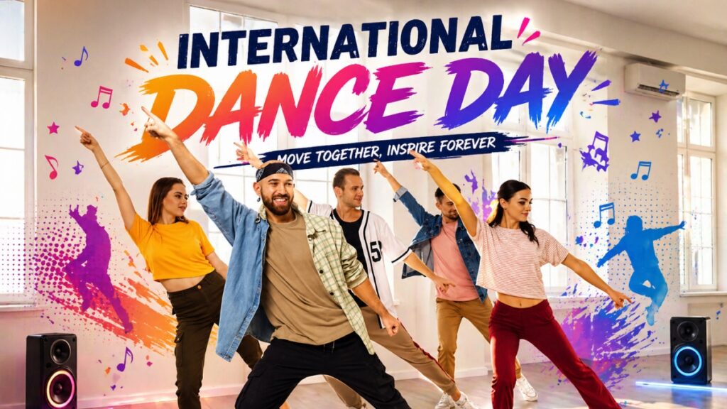 Group of young dancers performing on International Dance Day 2026 in a dance studio with colorful splashes