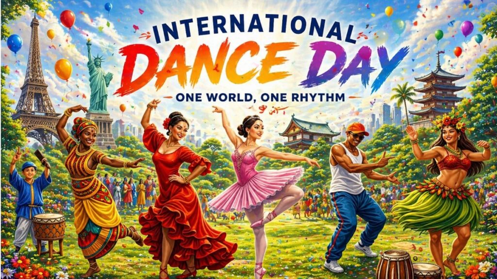 Dancers from different cultures celebrating International Dance Day 2026 with Eiffel Tower and world landmarks in background