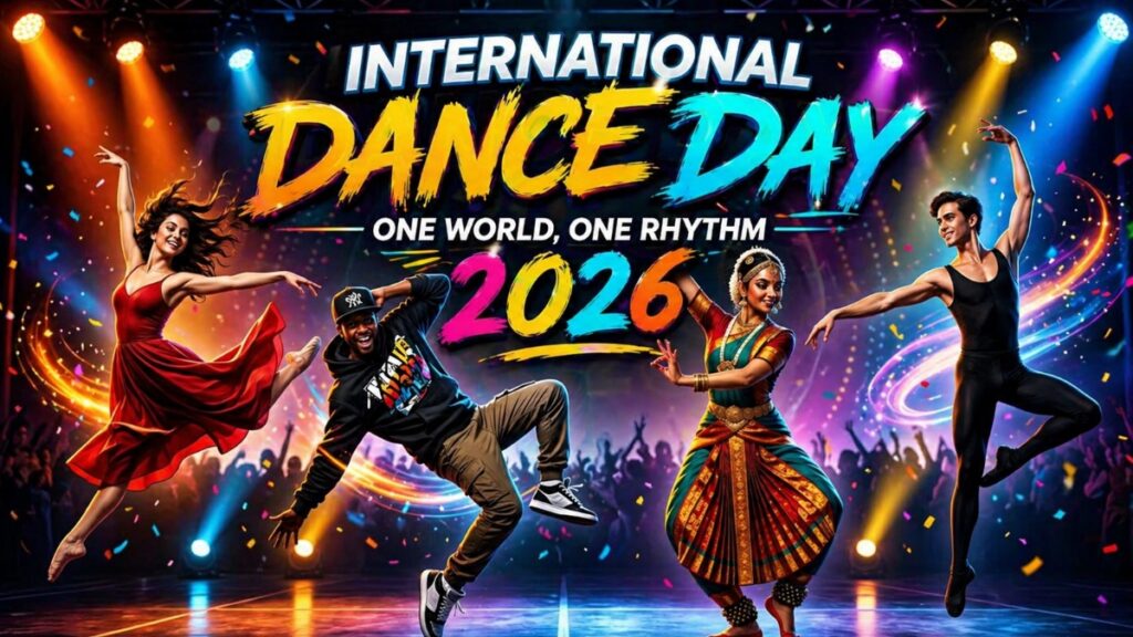 Four dancers performing different dance styles on stage for International Dance Day 2026 with neon lights and crowd