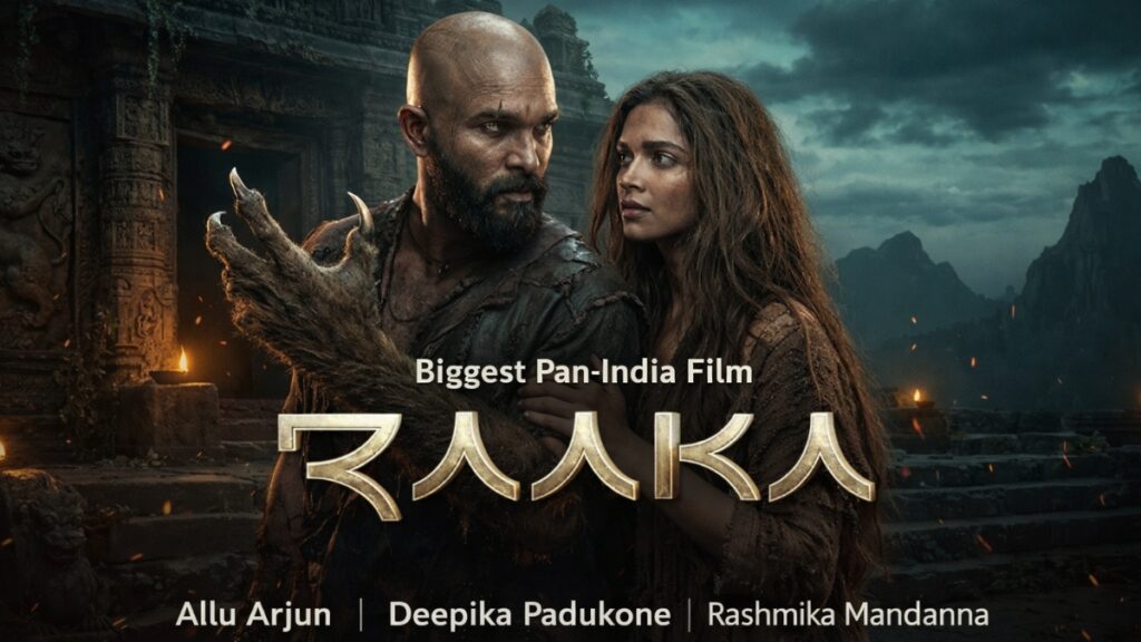Raaka movie poster featuring Allu Arjun and Deepika Padukone in intense scene
