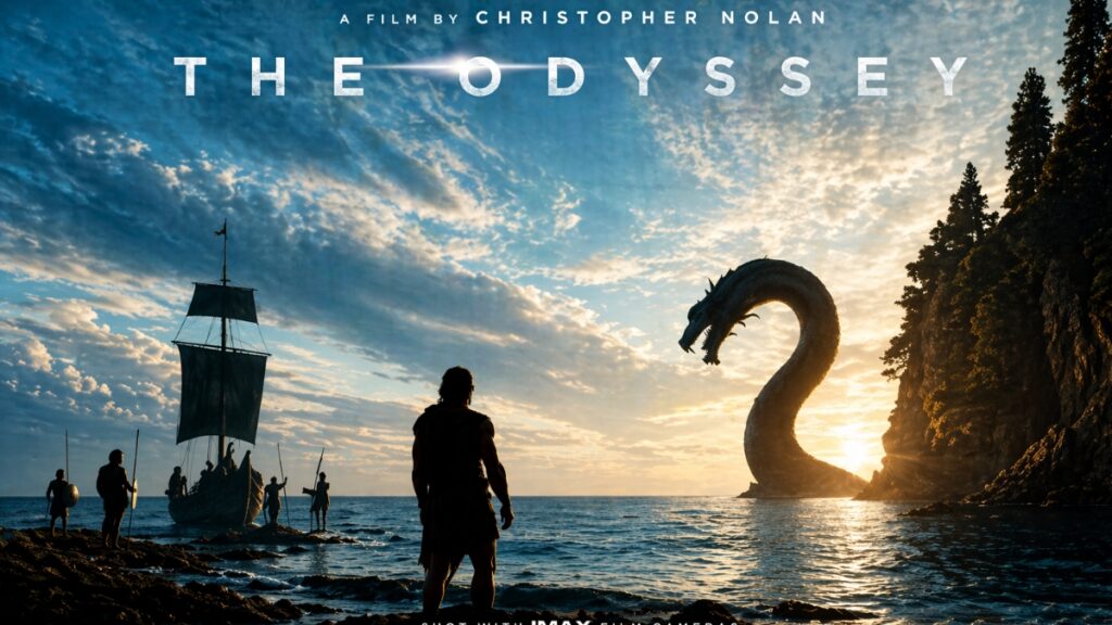 The Odyssey 2026 trailer poster with young warrior on ship holding rope
