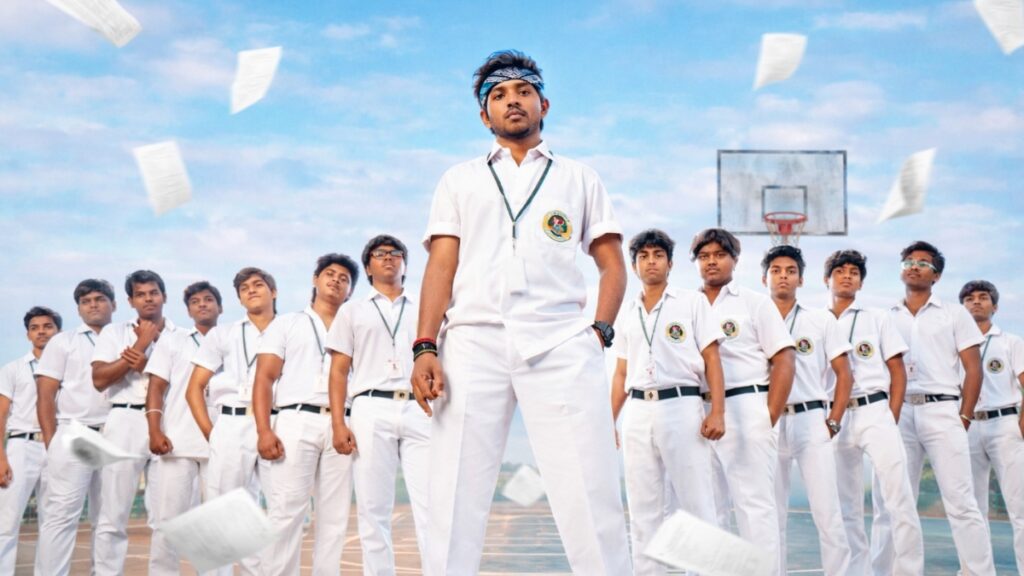 Youth Tamil movie poster showing school friends in white uniforms on sports ground