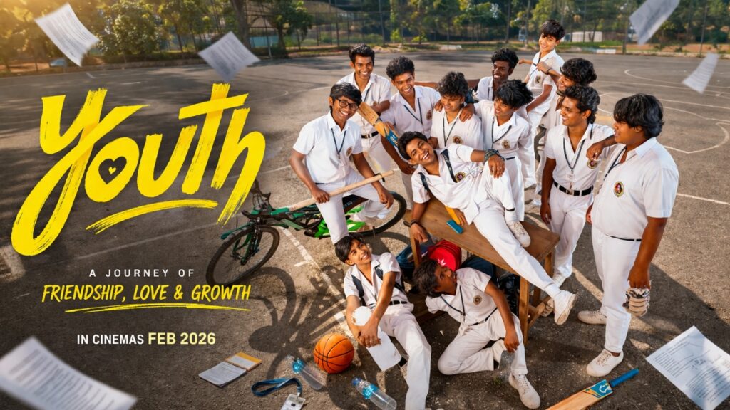 Youth Tamil movie featured image with hero and students standing on basketball court